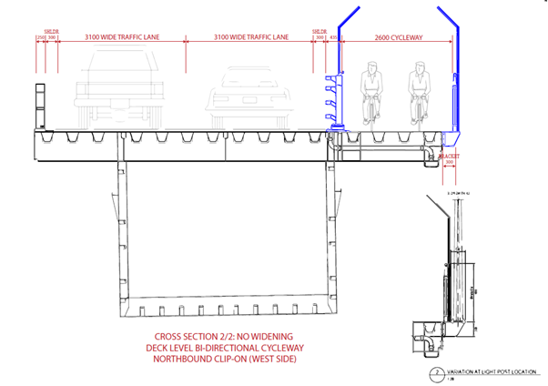 Northbound clip-on with bidirectional cycleway (upper harbour side)